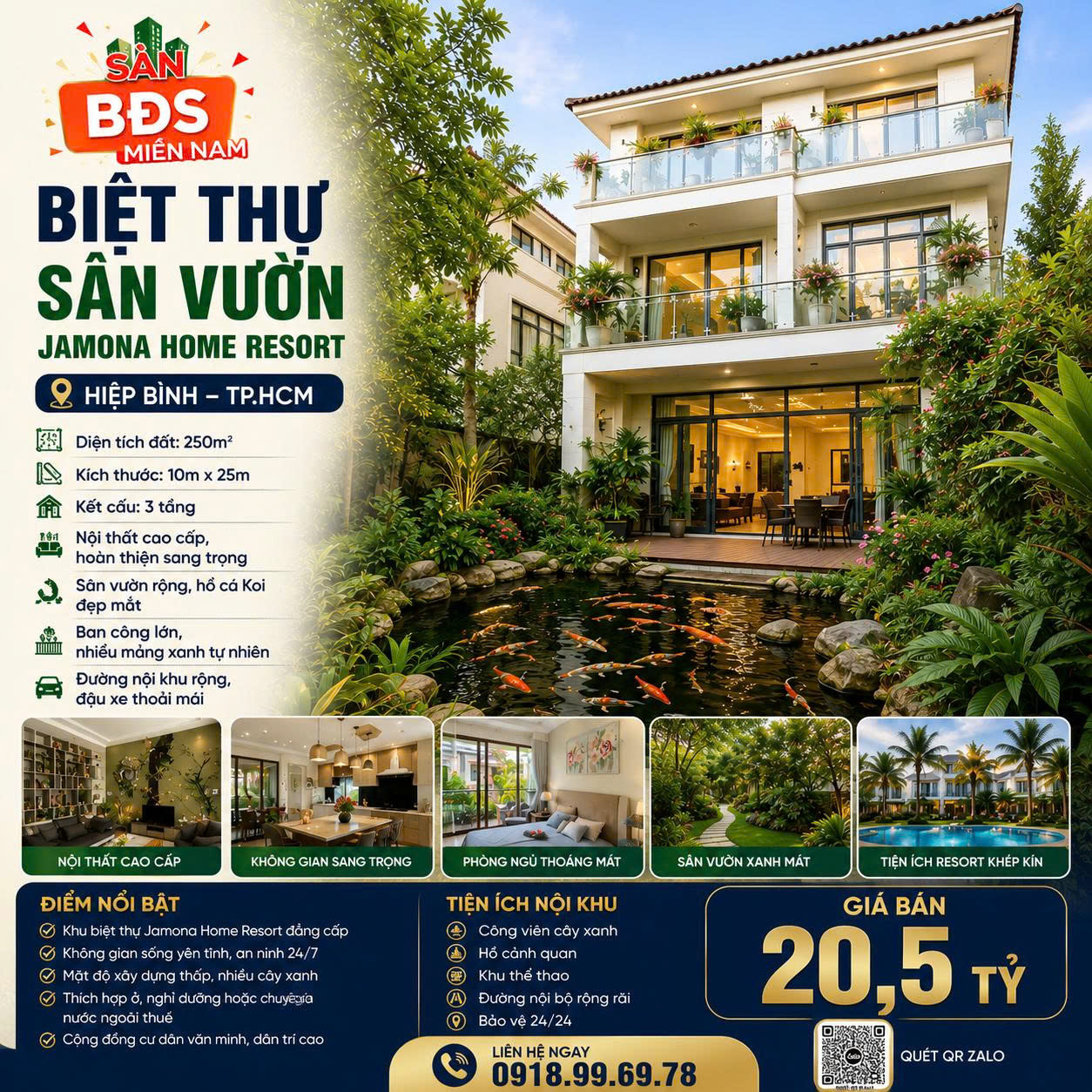 BÁN BIỆT THỰ JAMONA HOME RESORT THỦ ĐỨC 250M² SÂN VƯỜN HỒ CÁ KOI