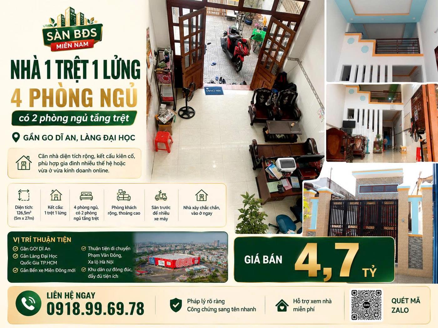 Bán nhà có 2 phòng ngủ trệt cửa sổ thoáng 126,5m², gần GO Dĩ An, làng đại học