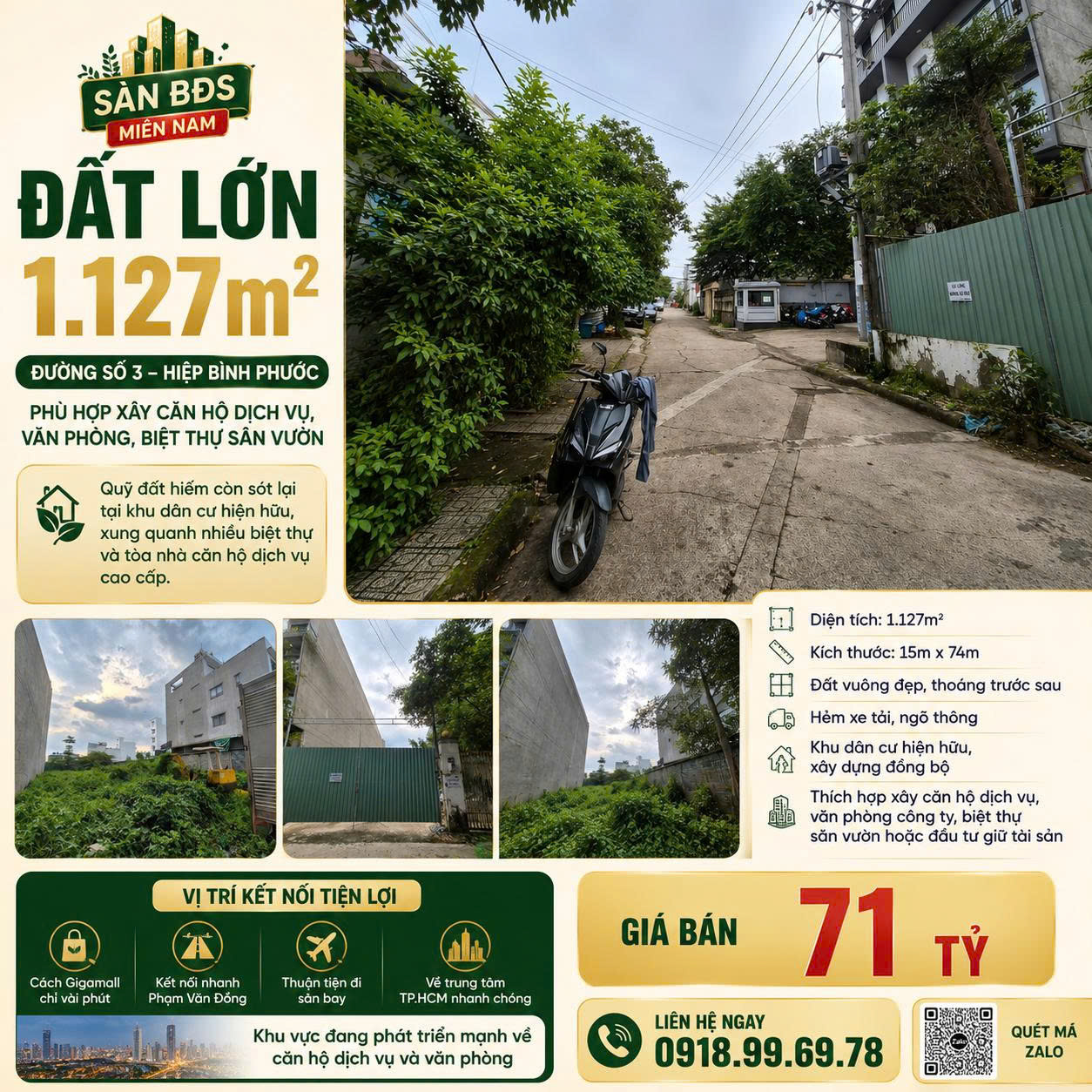 Bán đất 1.127m² đường thông quốc lộ 13 Hiệp Bình Phước, TP.HCM – Quỹ đất lớn hiếm còn lại