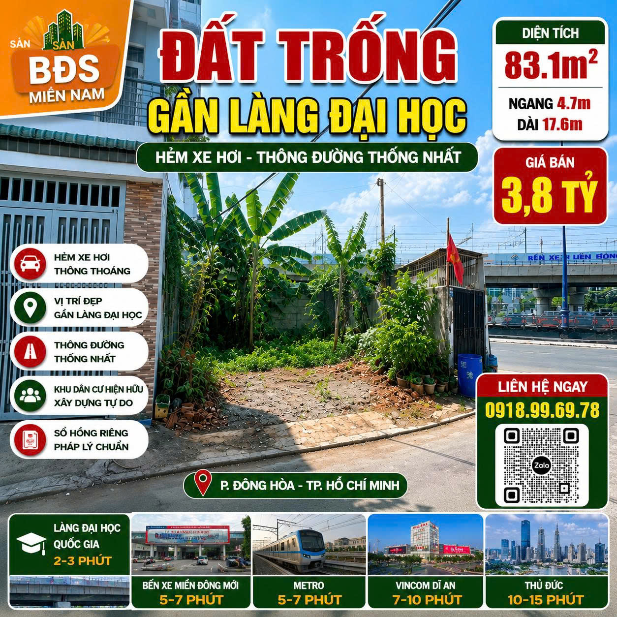 Bán đất 83,1m² gần Làng Đại Học Quốc Gia, hẻm xe hơi thông đường Thống Nhất, Đông Hòa TP.HCM