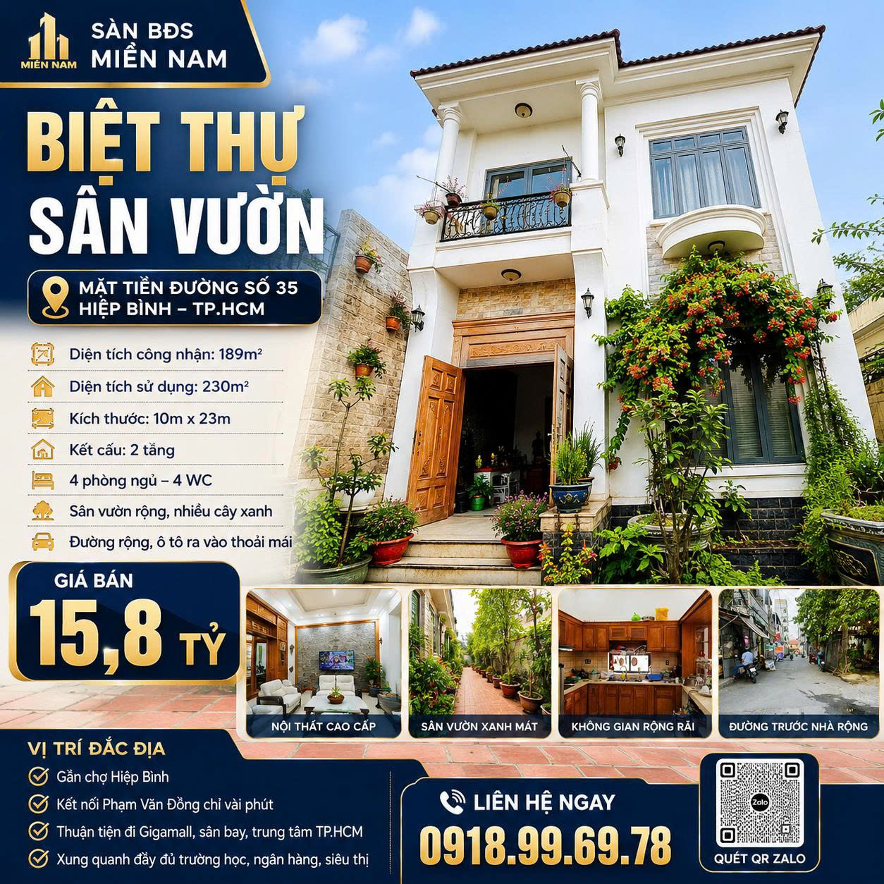 Bán biệt thự sân vườn mặt tiền Đường số 35 Hiệp Bình TP.HCM – 189m² – Ngang 10m – Giá 15,8 tỷ