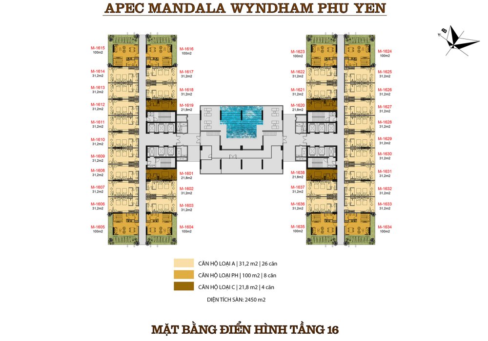 Mặt bằng tầng 16 căn hộ Apec Mandala Wyndham Garden Phú Yên